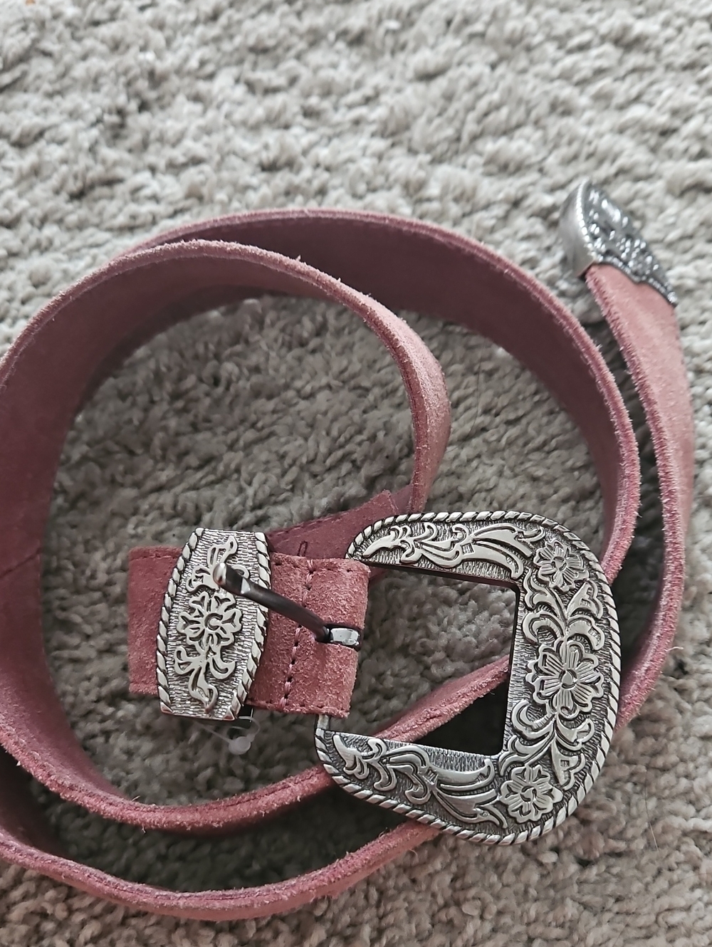 Free People Dusty Rose Suede Belt with Floral Silver Buckle